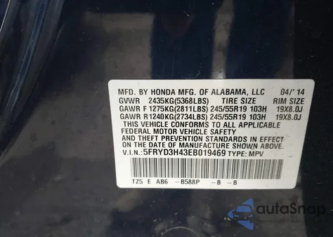 2014 Acura Mdx Technology Package from USA, damaged, VIN 5FRYD3H43EB019469